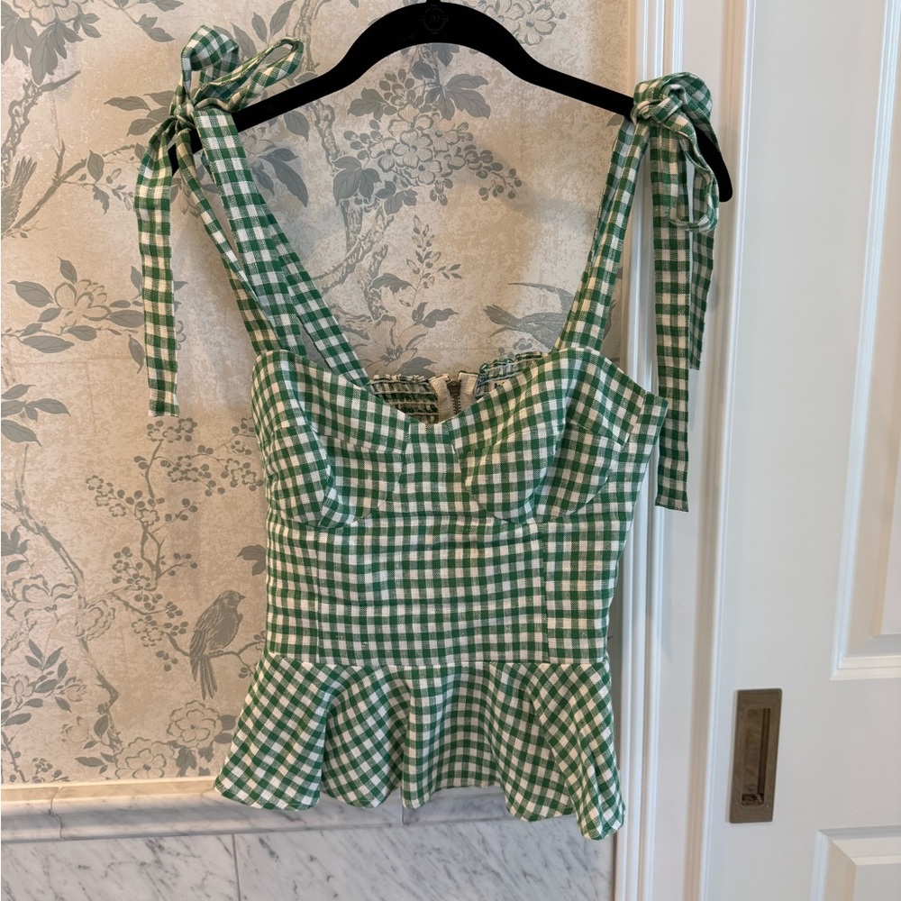 Reformation Green Gingham Linen Tie Strap Top Smocked Back Peplum Size 2